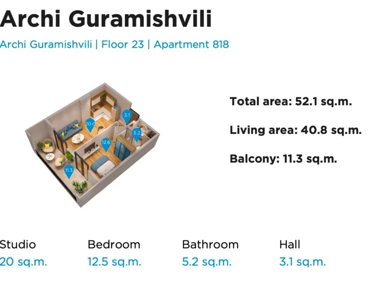 Wohnung 2 zimmer 52 m² Tiflis, Georgien