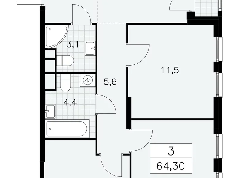 3 room apartment 64 m² South-Western Administrative Okrug, Russia