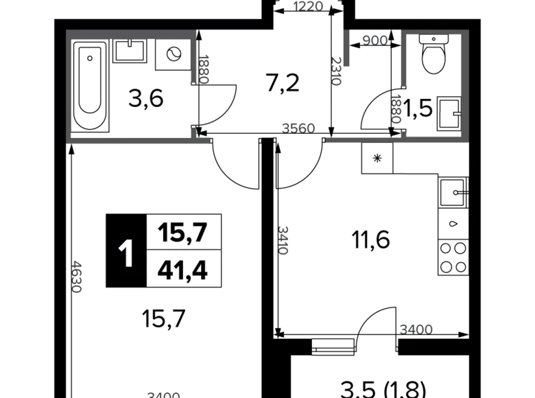 Квартира 1 комната 41 м² Москва, Россия