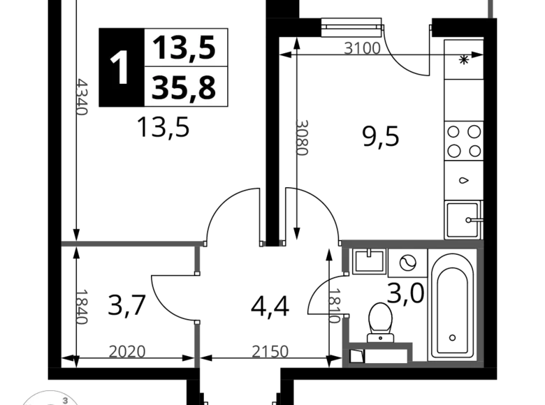 Apartamento 1 habitación 36 m² Potapovo, Rusia