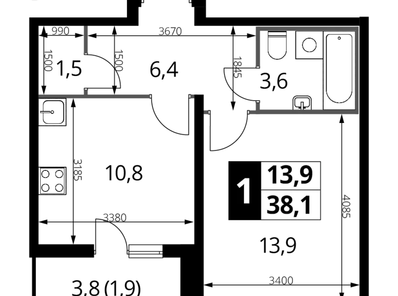 Квартира 1 комната 38 м² Люберцы, Россия