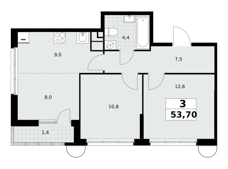 Apartamento 3 habitaciones 54 m² Postnikovo, Rusia