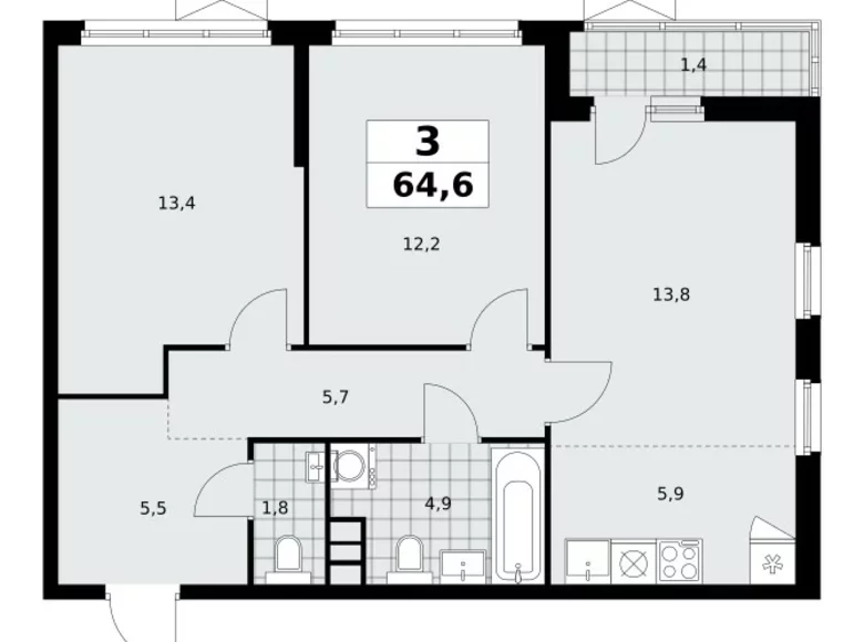 3 room apartment 65 m² Moscow, Russia