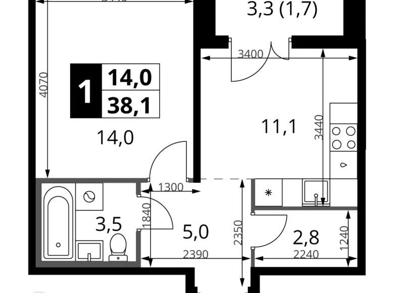 1 room apartment 38 m² Leninsky District, Russia