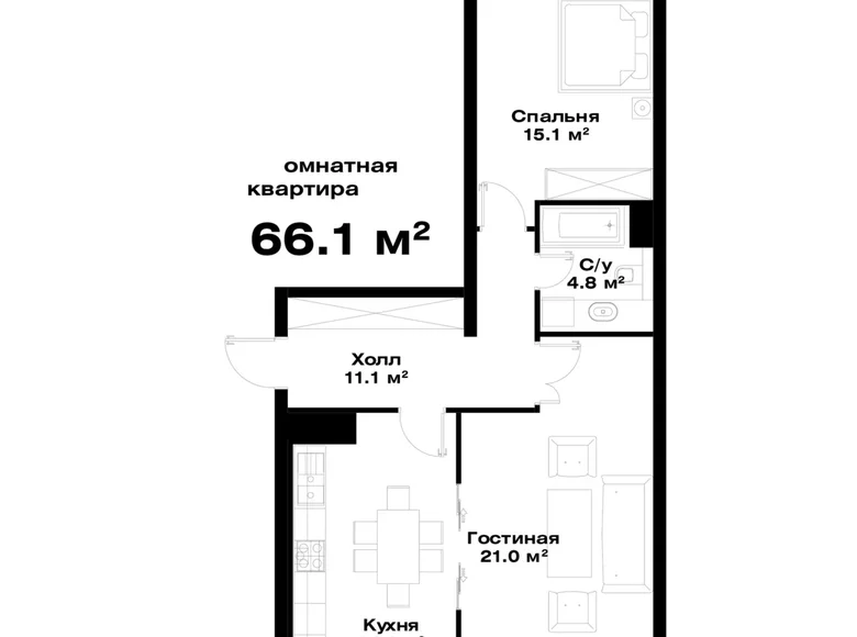 Kvartira 2 xonalar 66 m² Toshkentda