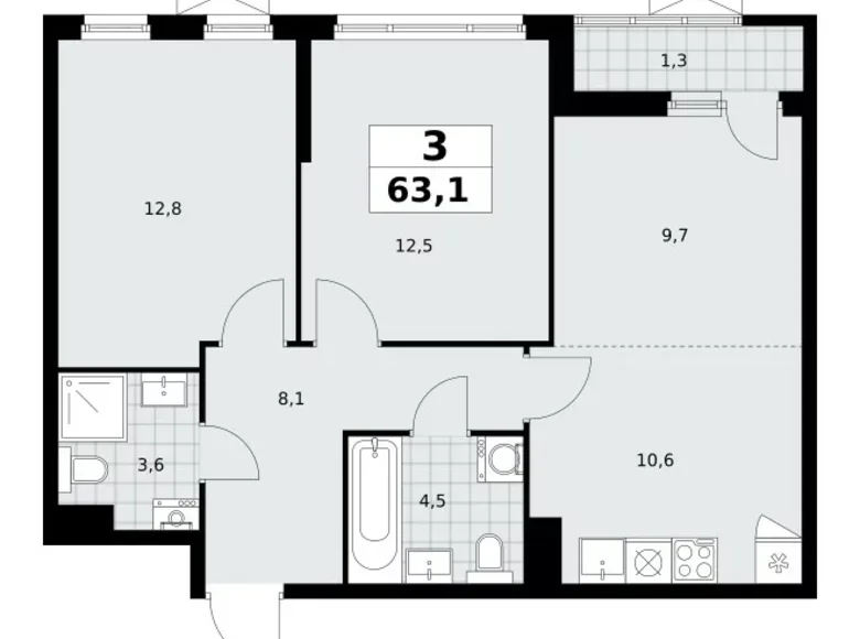 3 room apartment 63 m² poselenie Sosenskoe, Russia