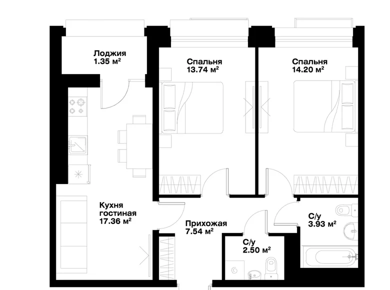 Kvartira 2 xonalar 61 m² Toshkentda