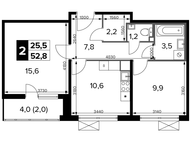 2 room apartment 53 m² Khimki, Russia