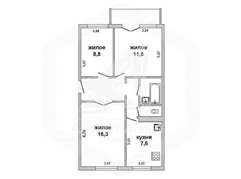 Appartement 3 chambres 55 m² Malaryta, Bélarus