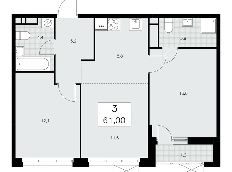 3 room apartment 61 m² Moscow, Russia