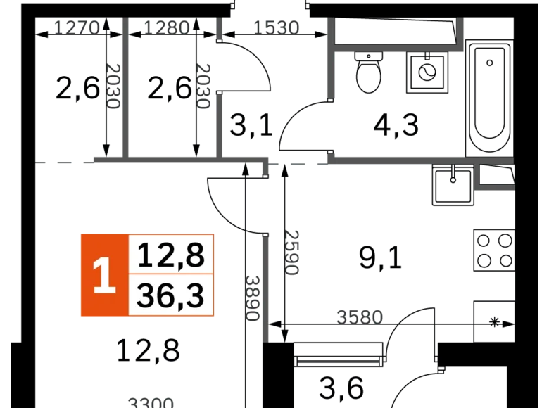 1 room apartment 37 m² Moscow, Russia