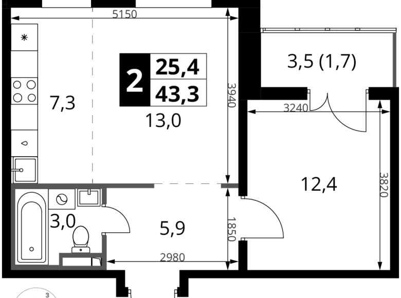 2 room apartment 43 m² Potapovo, Russia