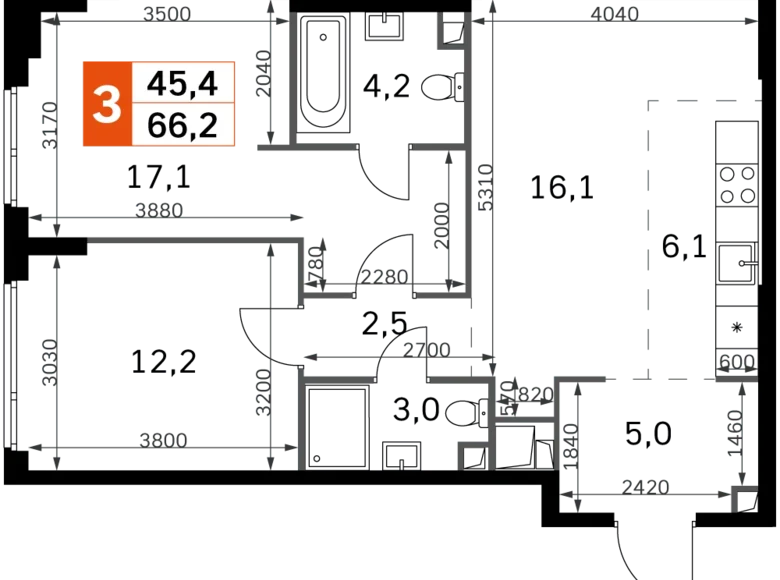 3 room apartment 66 m² North-Western Administrative Okrug, Russia