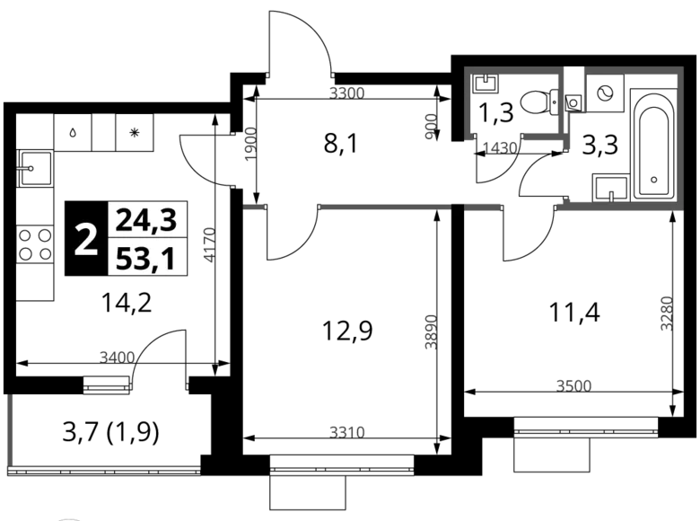 2 room apartment 53 m² Leninsky District, Russia