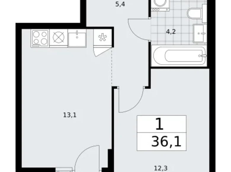 1 room apartment 36 m² Troitsk, Russia