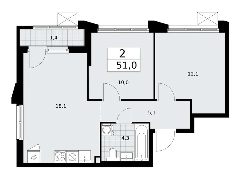Appartement 2 chambres 51 m² Troïtsk, Russie