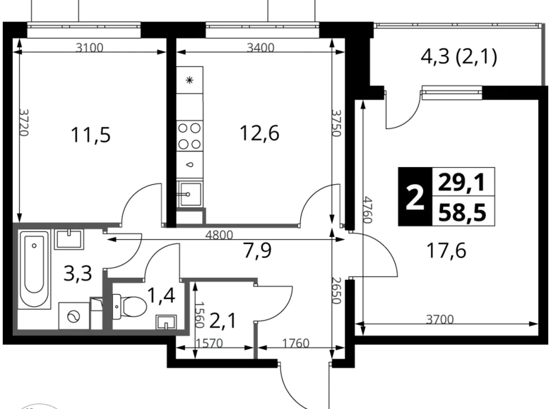 Mieszkanie 2 pokoi 59 m² rejon leniński, Rosja