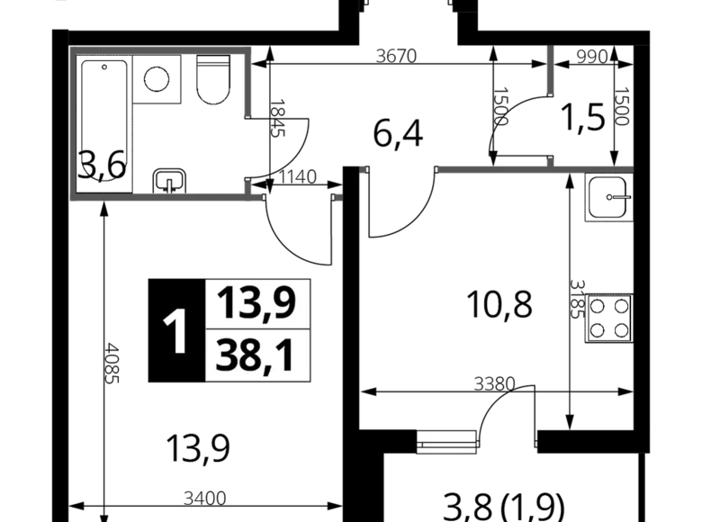 Mieszkanie 1 pokój 38 m² Nekrasovka District, Rosja