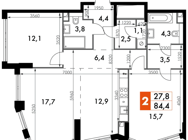 3 room apartment 84 m² North-Western Administrative Okrug, Russia