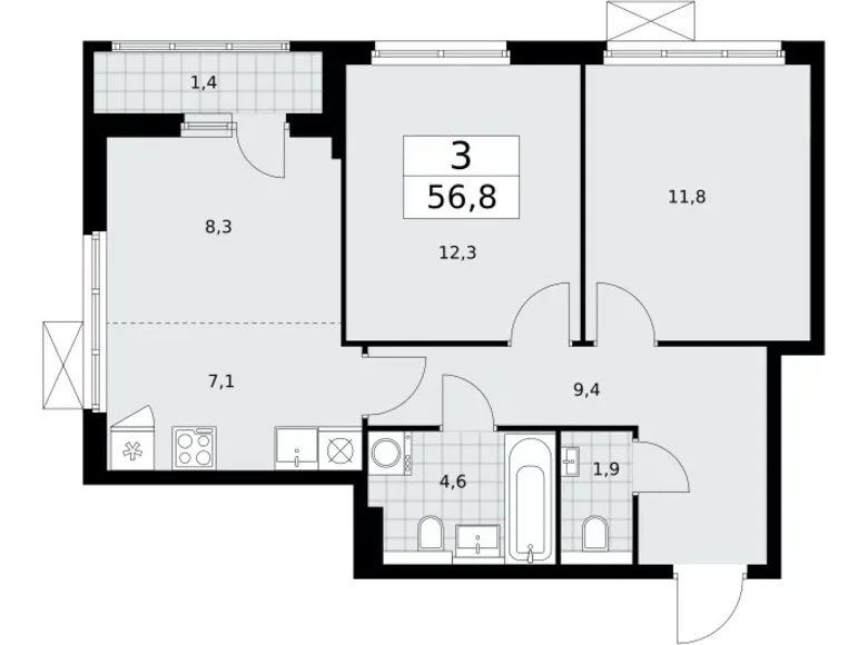 3 room apartment 57 m² poselenie Sosenskoe, Russia