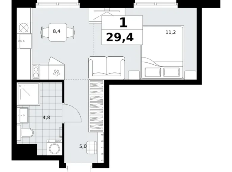 Квартира 1 комната 29 м² район Коммунарка, Россия