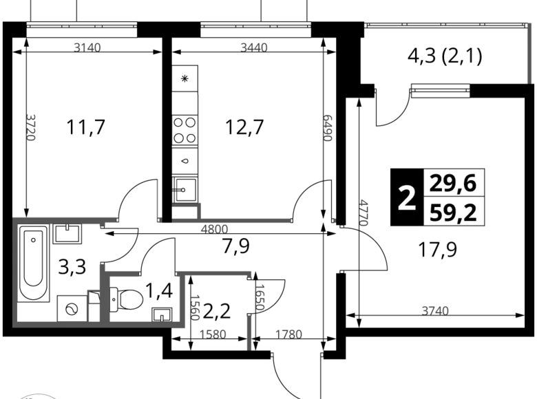 Mieszkanie 2 pokoi 59 m² rejon leniński, Rosja