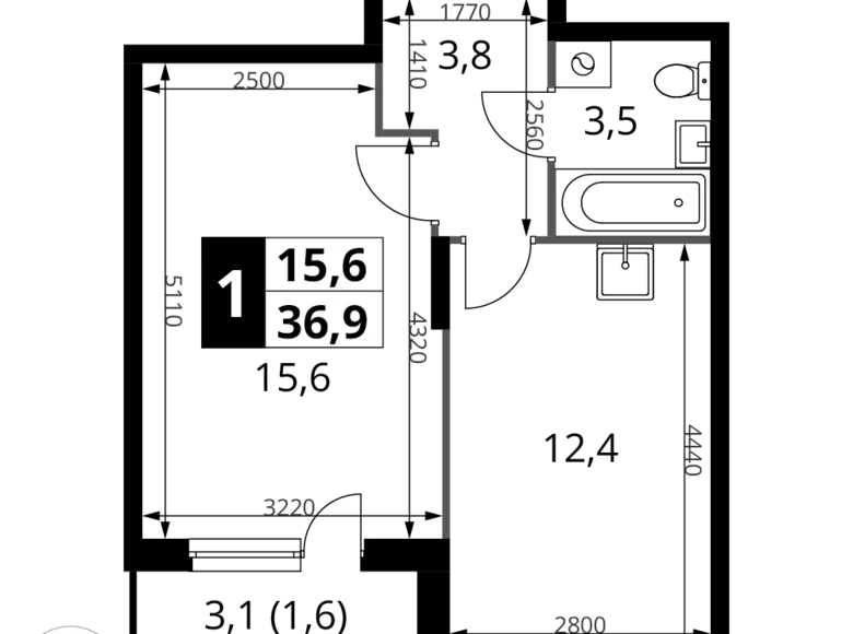 1 room apartment 37 m² Potapovo, Russia