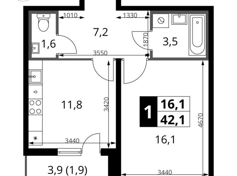 1 room apartment 42 m² Leninsky District, Russia