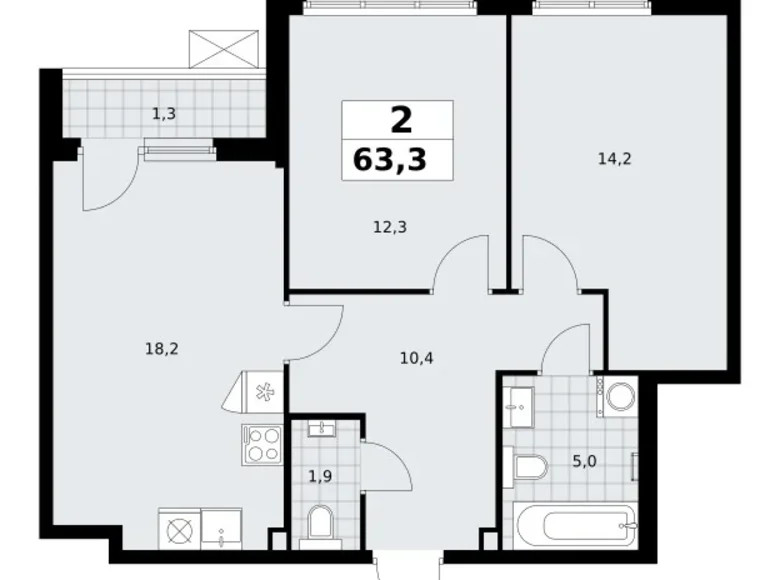 Квартира 2 комнаты 63 м² район Троицк, Россия