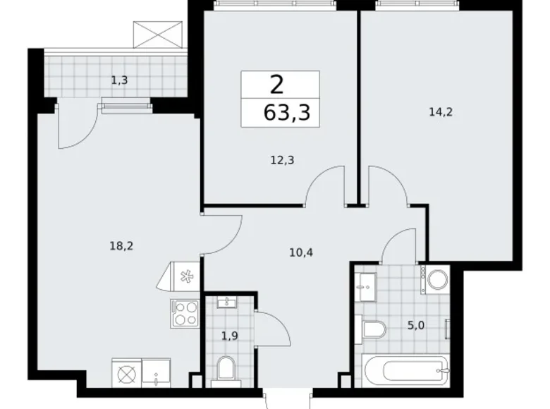 2 room apartment 63 m² Troitsk, Russia