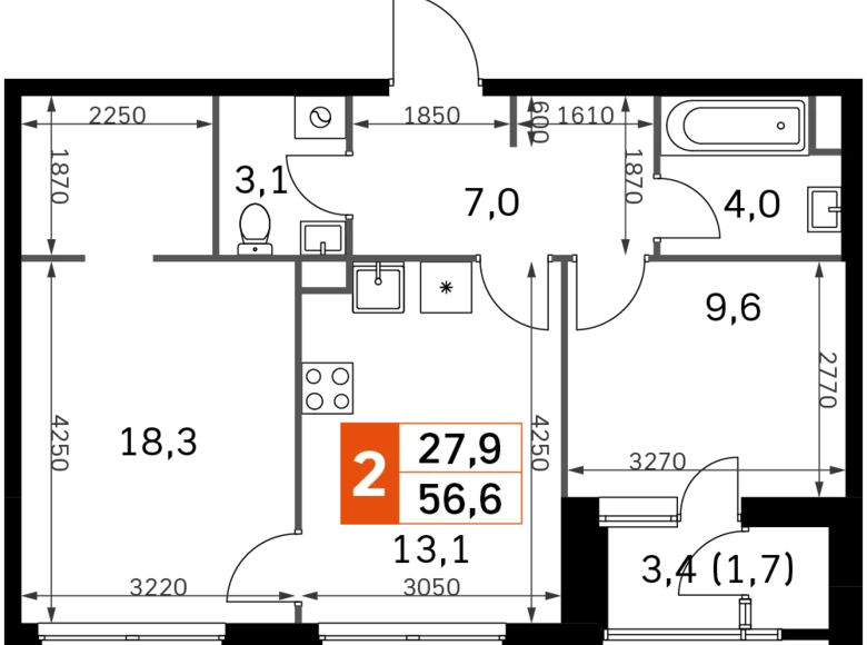 Mieszkanie 2 pokoi 57 m² Moskwa, Rosja