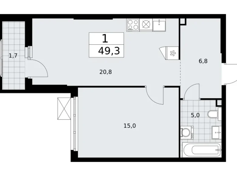 1 room apartment 49 m² Troitsk, Russia