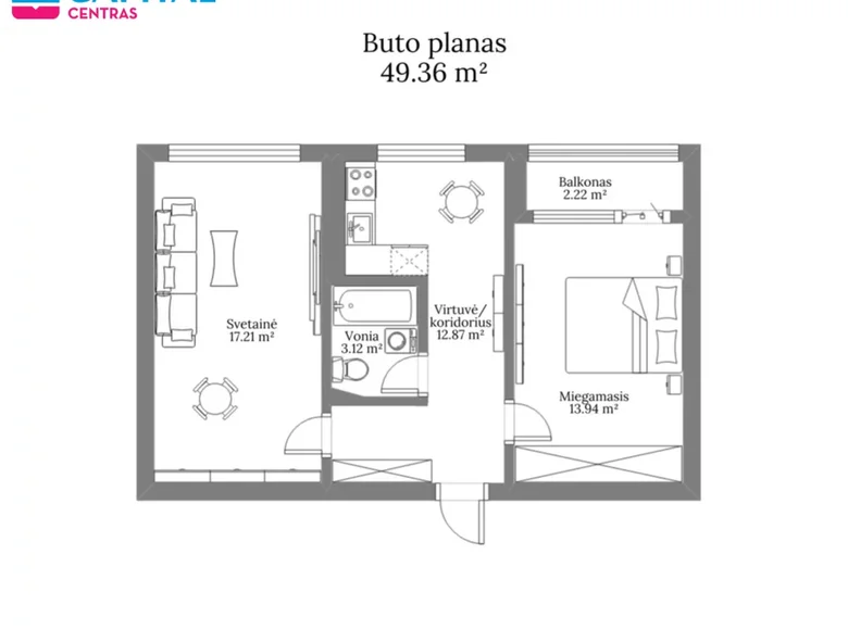 Mieszkanie 2 pokoi 49 m² Wilno, Litwa
