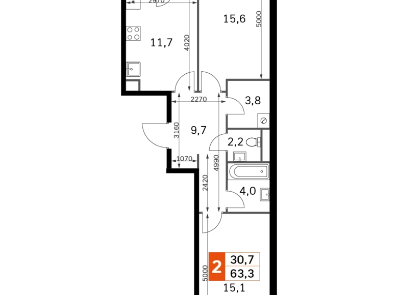 2 room apartment 63 m² Moscow, Russia