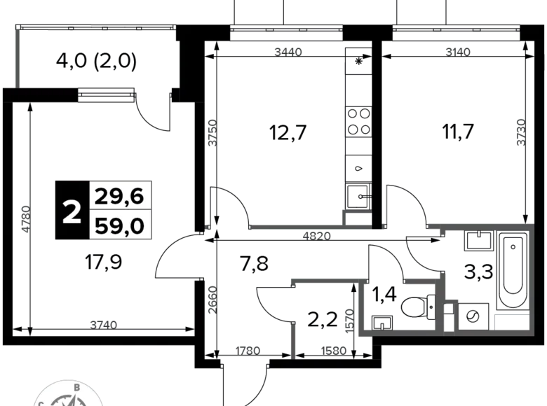 Apartamento 2 habitaciones 59 m² Potapovo, Rusia