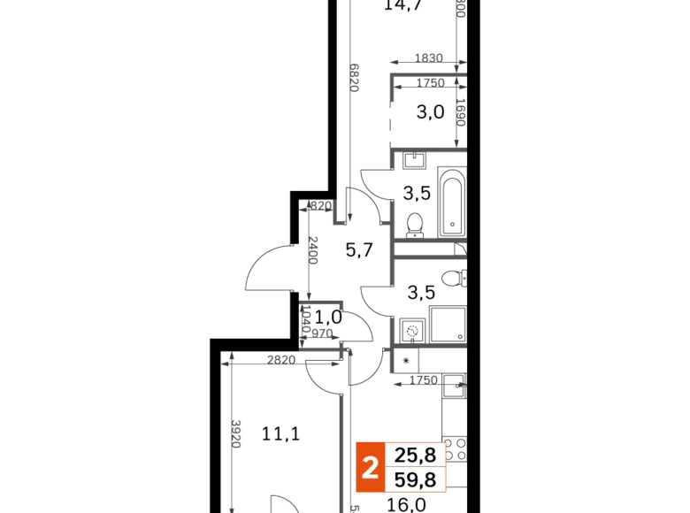 2 room apartment 60 m² Moscow, Russia