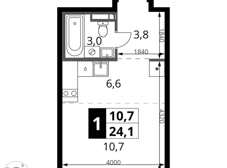 1 room apartment 24 m² Potapovo, Russia