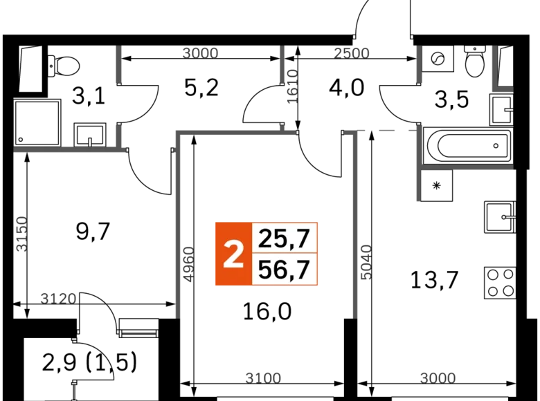 Квартира 2 комнаты 57 м² Москва, Россия