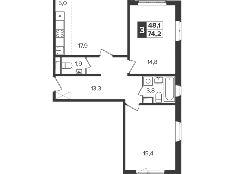 3 room apartment 74 m² Leninsky District, Russia