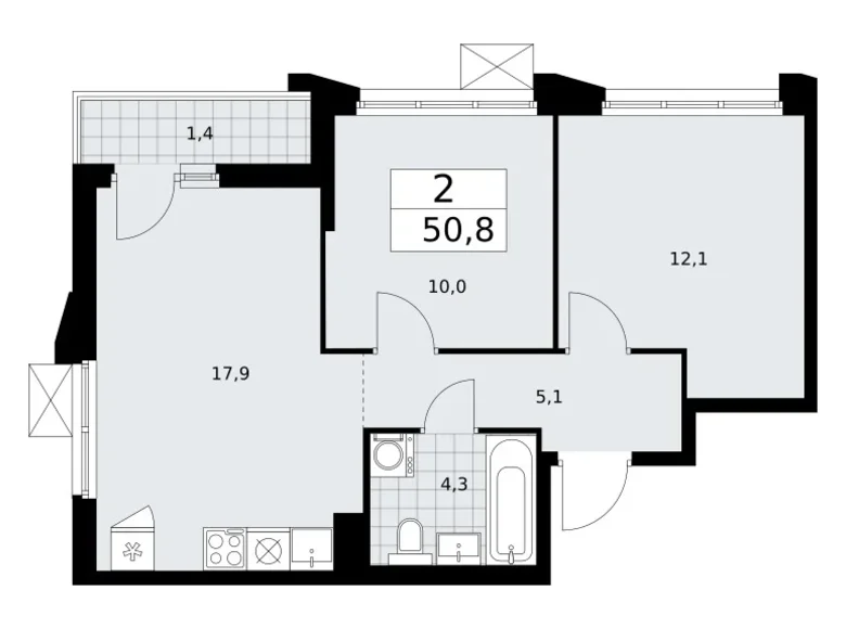 2 room apartment 51 m² Troitsk, Russia