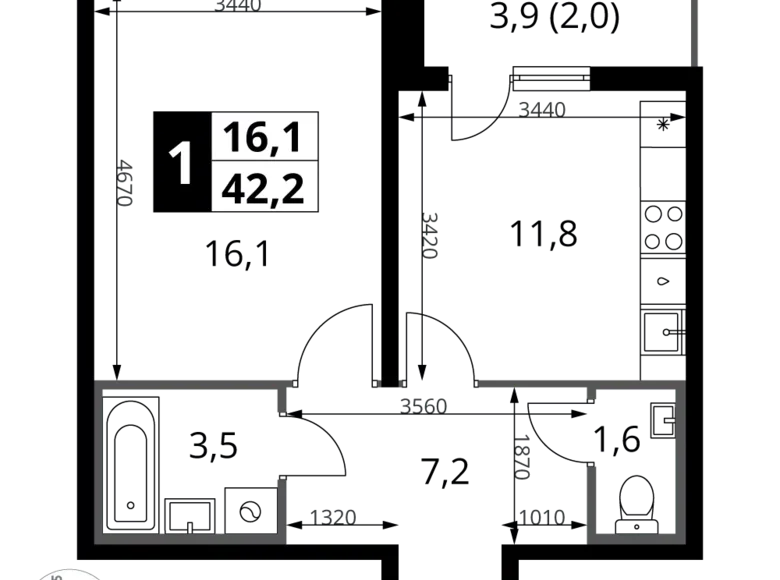 1 room apartment 42 m² Leninsky District, Russia