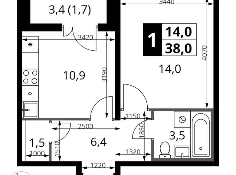 1 room apartment 38 m² Leninsky District, Russia