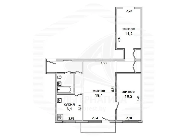 3 room apartment 56 m² Brest, Belarus