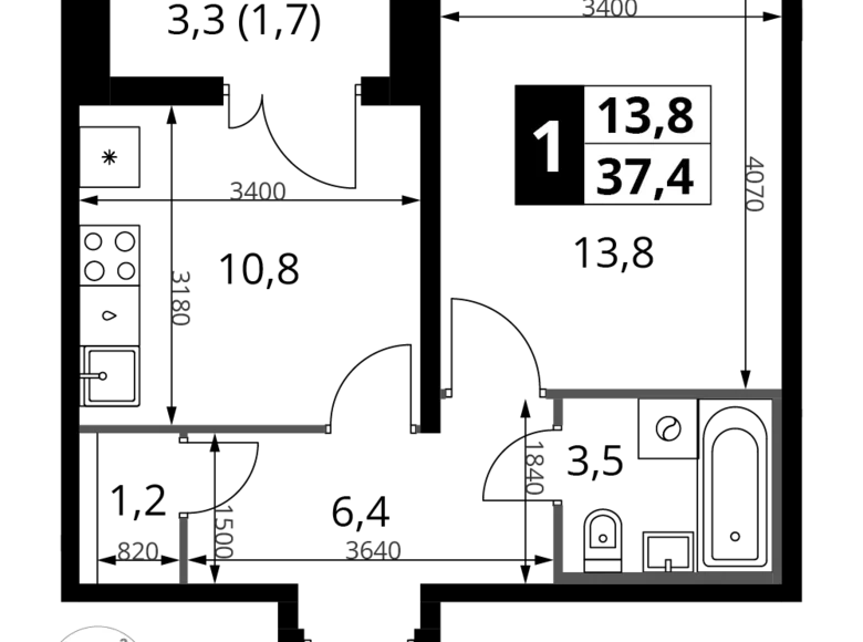 1 room apartment 37 m² South-Western Administrative Okrug, Russia