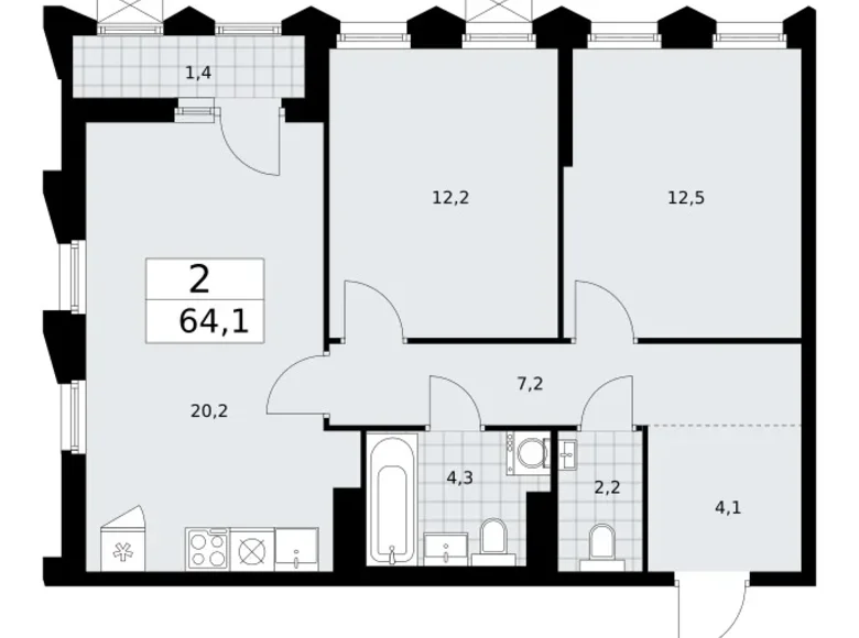 2 room apartment 64 m² Troitsk, Russia