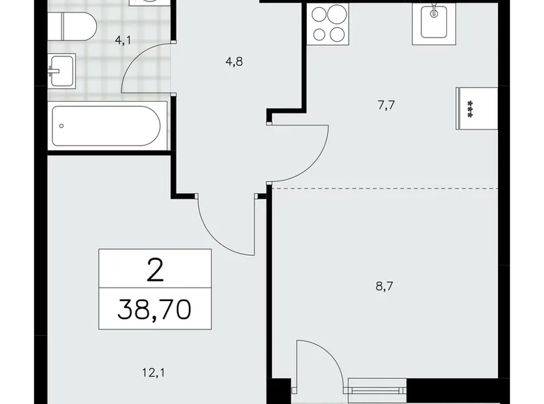 2 room apartment 39 m² Moscow, Russia