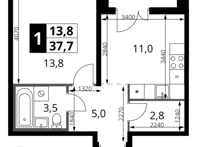 1 room apartment 38 m² Leninsky District, Russia