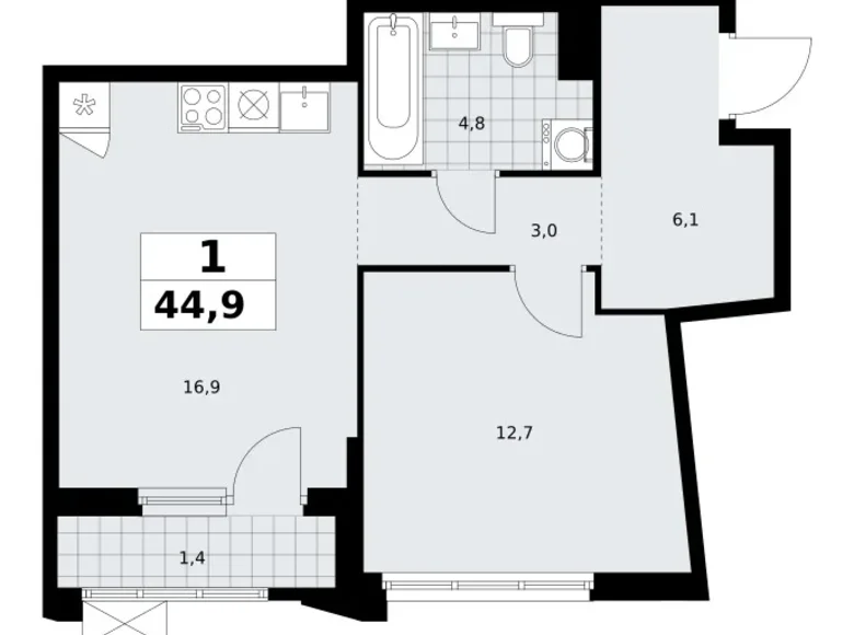 1 room apartment 45 m² Troitsk, Russia