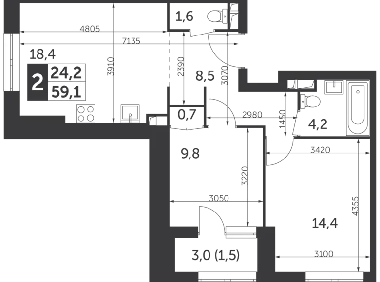 2 room apartment 59 m² North-Eastern Administrative Okrug, Russia