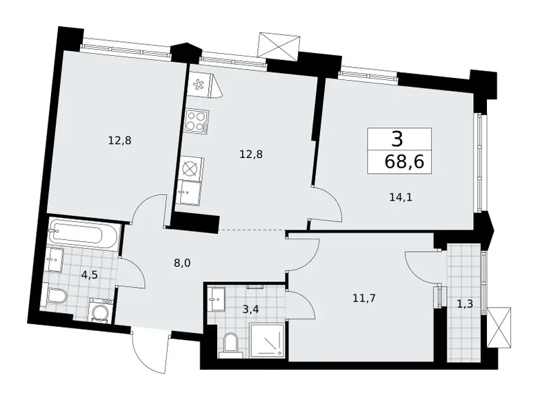 Квартира 3 комнаты 69 м² район Троицк, Россия